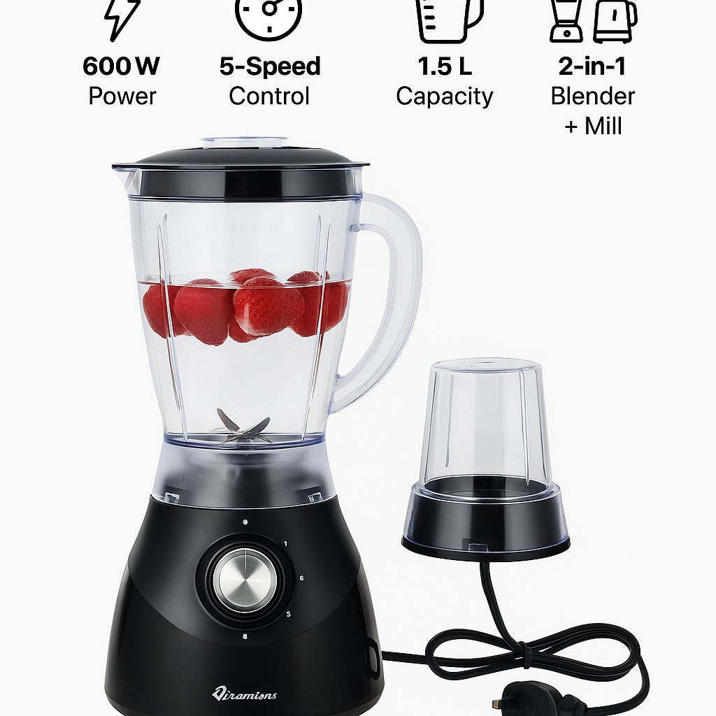 Ramtons 2 in 1 Blender with Mill RM/764 – 600W Powerful Motor | 1.5L Plastic Jar | 5 Speed + Pulse | Stainless Steel Blades | Multi-Function Grinding & Blending | Safety Lock + 1 Year Warranty