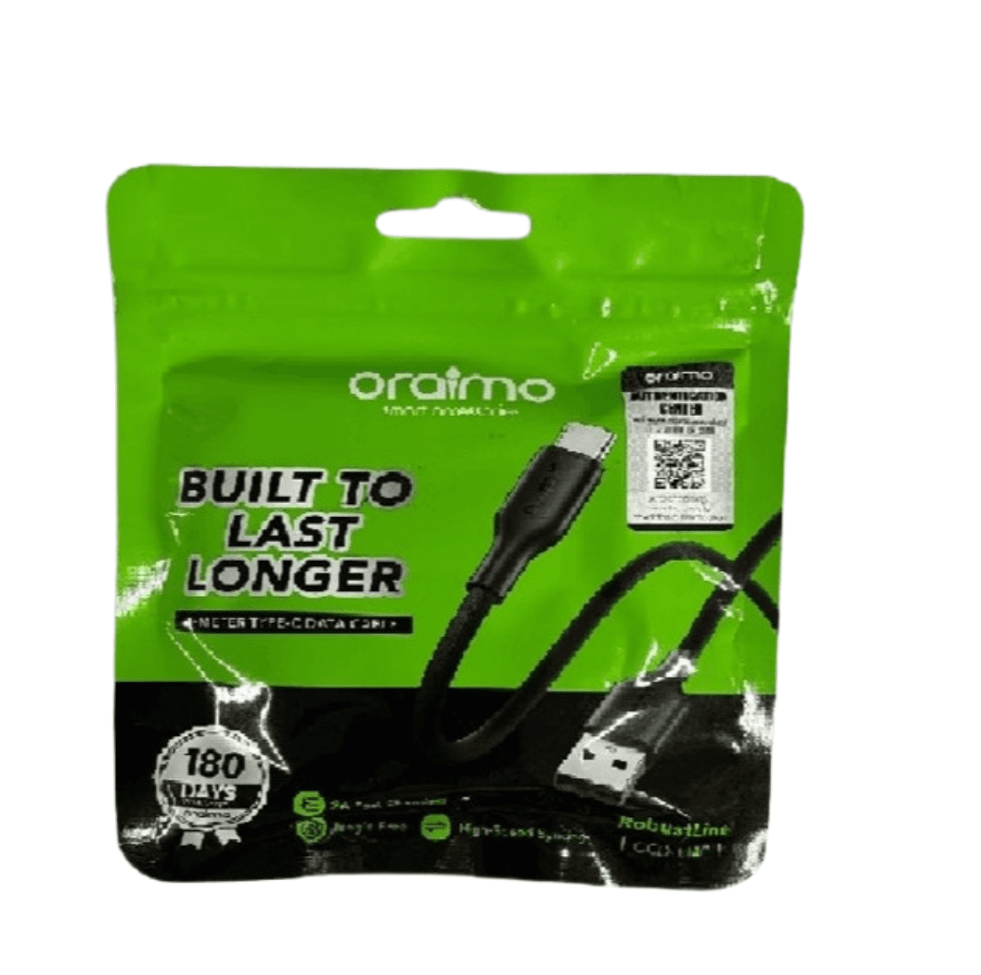 Oraimo USB to C  Fast Charging Cable – Durable, High-Speed USB-C Charger for Android, Tablets, Power Banks, and More with Tangle-Free Design, Reinforced Connectors, and Efficient Data Transfer.