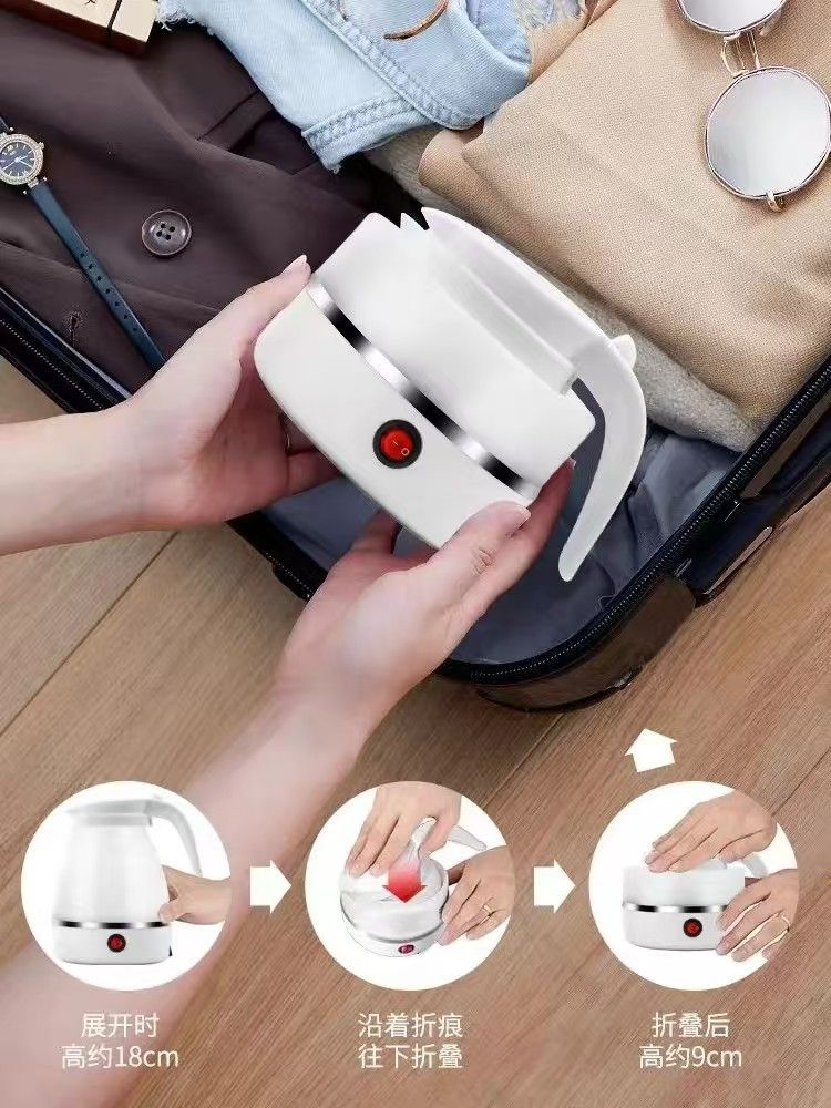 Foldable Portable Electric Kettle – 600ml Silicone Body with Stainless Steel Heating Base, 600W (White, Blue)