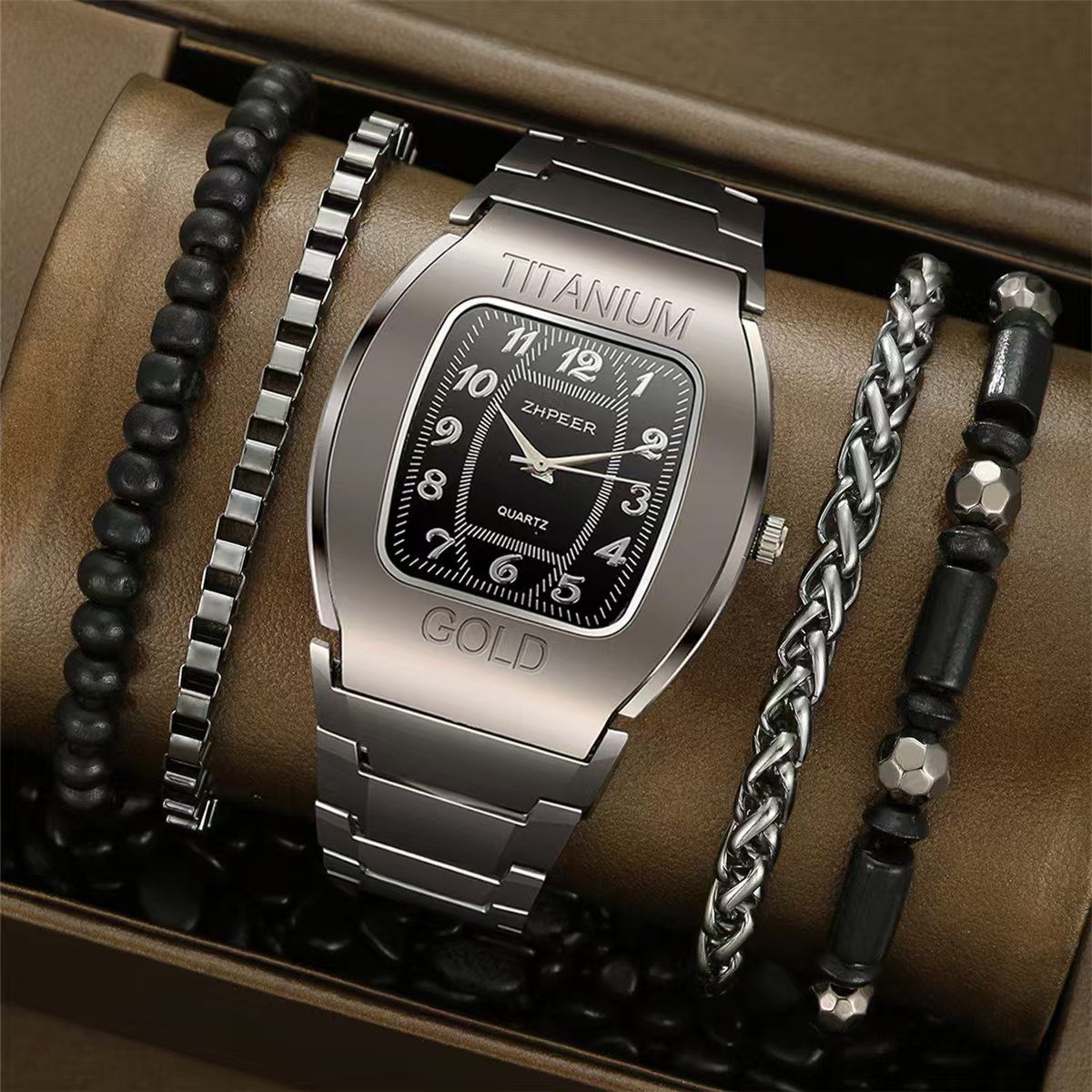 New Arrival5-piece men's watch set, black men's watch, titanium steel bracelet set, not easy to fade, daily wear, business quartz steel band watch, men's sports watch, and men's watch