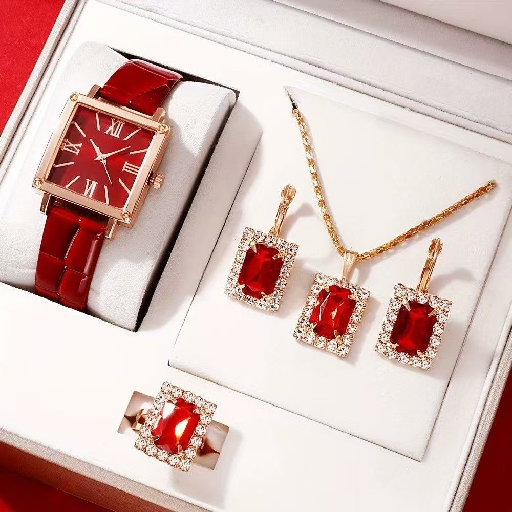 New Arrival5PCS Women's Watch Earrings Necklace Ring Set Diamond Square Watch Jewelry Set Business Wristwatch Quartz Ladies' Watch