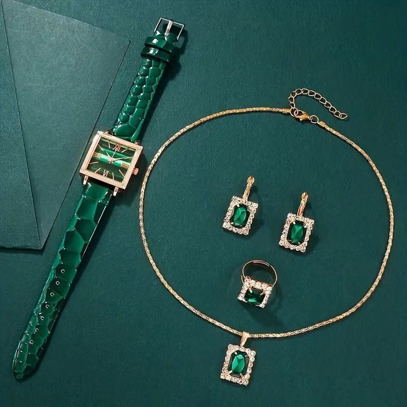 New Arrival5PCS Women's Watch Earrings Necklace Ring Set Diamond Square Watch Jewelry Set Business Wristwatch Quartz Ladies' Watch