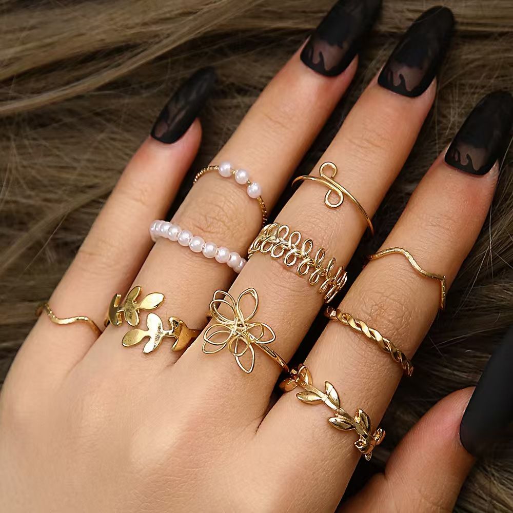 New Arrival10Pcs Women's Ring Set Open Ring Pearl Ring Flower Ring High Quality Zircon Simple Lightweight Luxury Women's Open Ring
