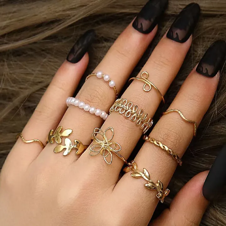 New Arrival10Pcs Women's Ring Set Open Ring Pearl Ring Flower Ring High Quality Zircon Simple Lightweight Luxury Women's Open Ring