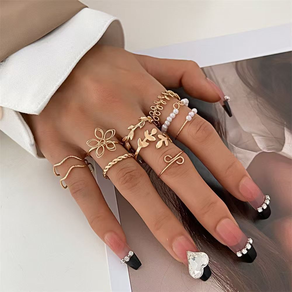 New Arrival10Pcs Women's Ring Set Open Ring Pearl Ring Flower Ring High Quality Zircon Simple Lightweight Luxury Women's Open Ring