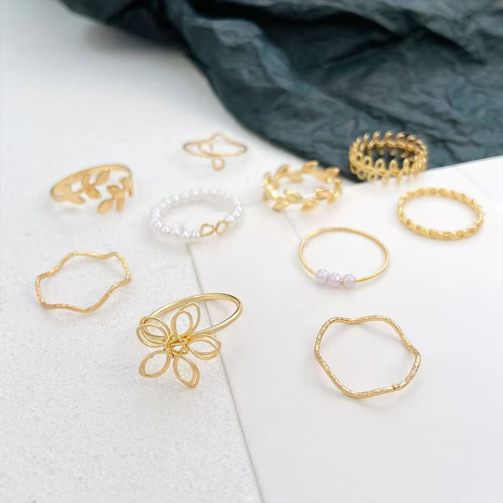 New Arrival10Pcs Women's Ring Set Open Ring Pearl Ring Flower Ring High Quality Zircon Simple Lightweight Luxury Women's Open Ring