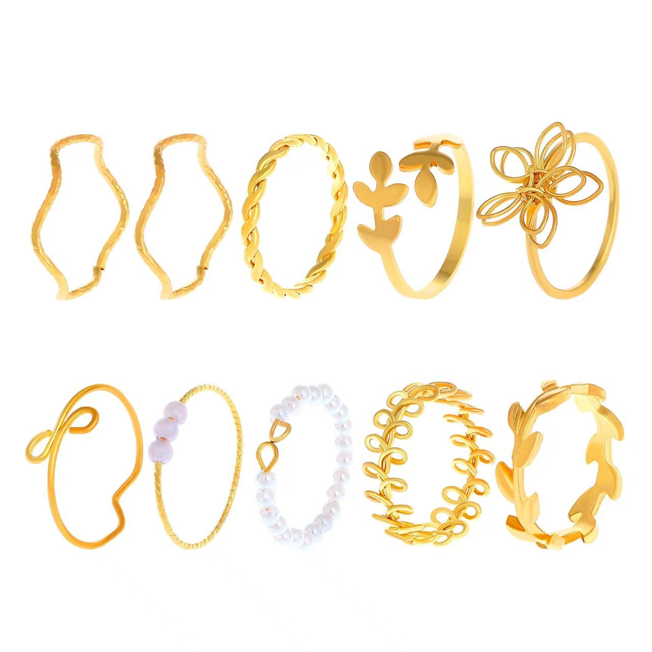 New Arrival10Pcs Women's Ring Set Open Ring Pearl Ring Flower Ring High Quality Zircon Simple Lightweight Luxury Women's Open Ring