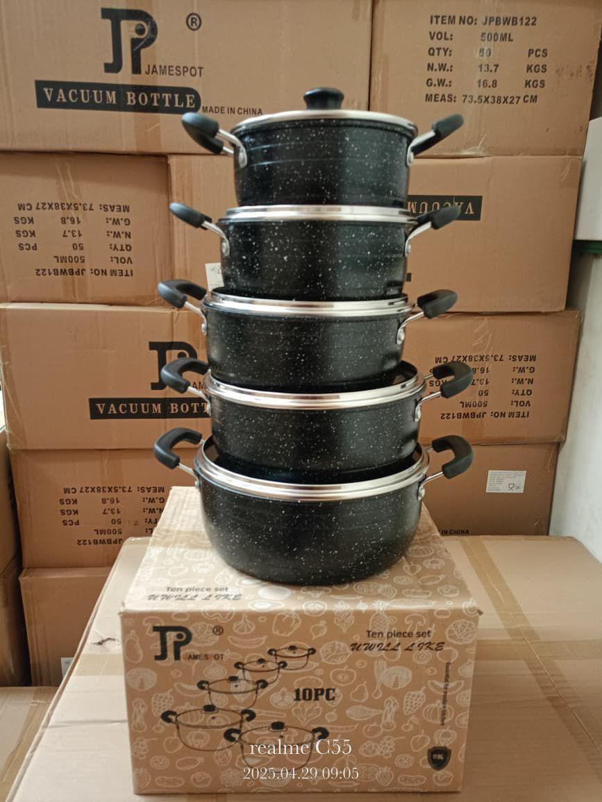 ✨️💦PROMOTION PRICE ✨️🥢JP Jamesport 10Pcs Non-Stick Granite Cooking Pot Sufurias Cookware Set🤪⭕️Perfect for small to medium-sized families
Non-stick Coating‎
Easy to Clean
Use wooden or silicone spo