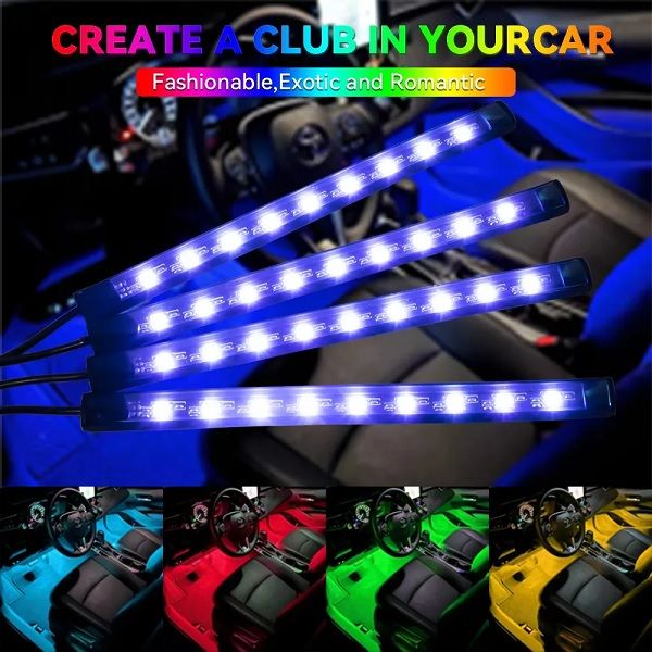 Universal 4 Pcs Strip Light Music Rhythm USB Interior Atmosphere Ambient Car Lights App Remote Auto Car Sound Light