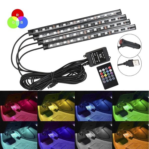 Universal 4 Pcs Strip Light Music Rhythm USB Interior Atmosphere Ambient Car Lights App Remote Auto Car Sound Light
