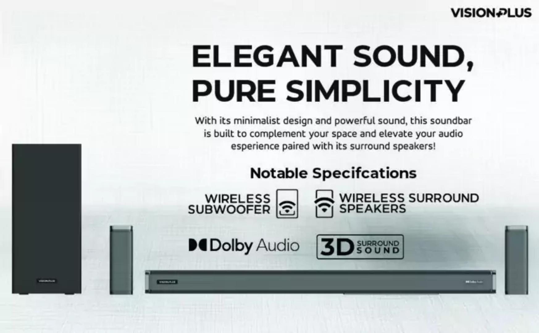 VISION PLUS Sound Bar 5.1ch VP5121SB Wireless Subwoofer with Dolby Digital Plus  3D Surround 160W BT ENABLED WIRELESS 5.1 SURROUND SPEAKERS, 1000W MAX OUTPUT WIRELESS SUBWOOFER, REMOTE CONTROL