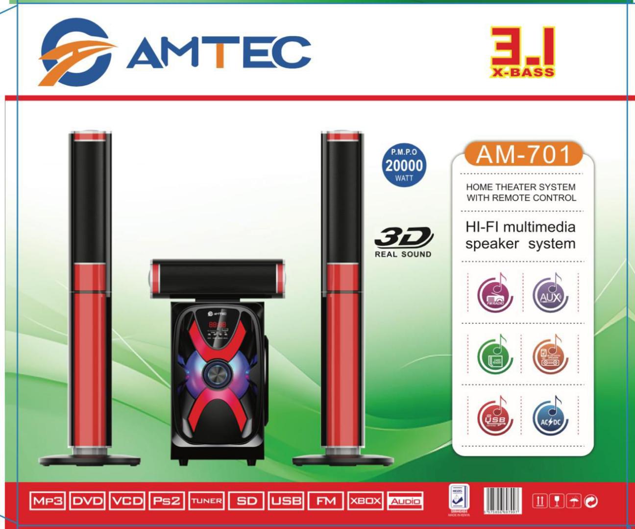 Amtec AM-701 3.1 Channel Multimedia Speaker System Bluetooth connectivity, USB and SD card input, FM radio- 1year warranty,