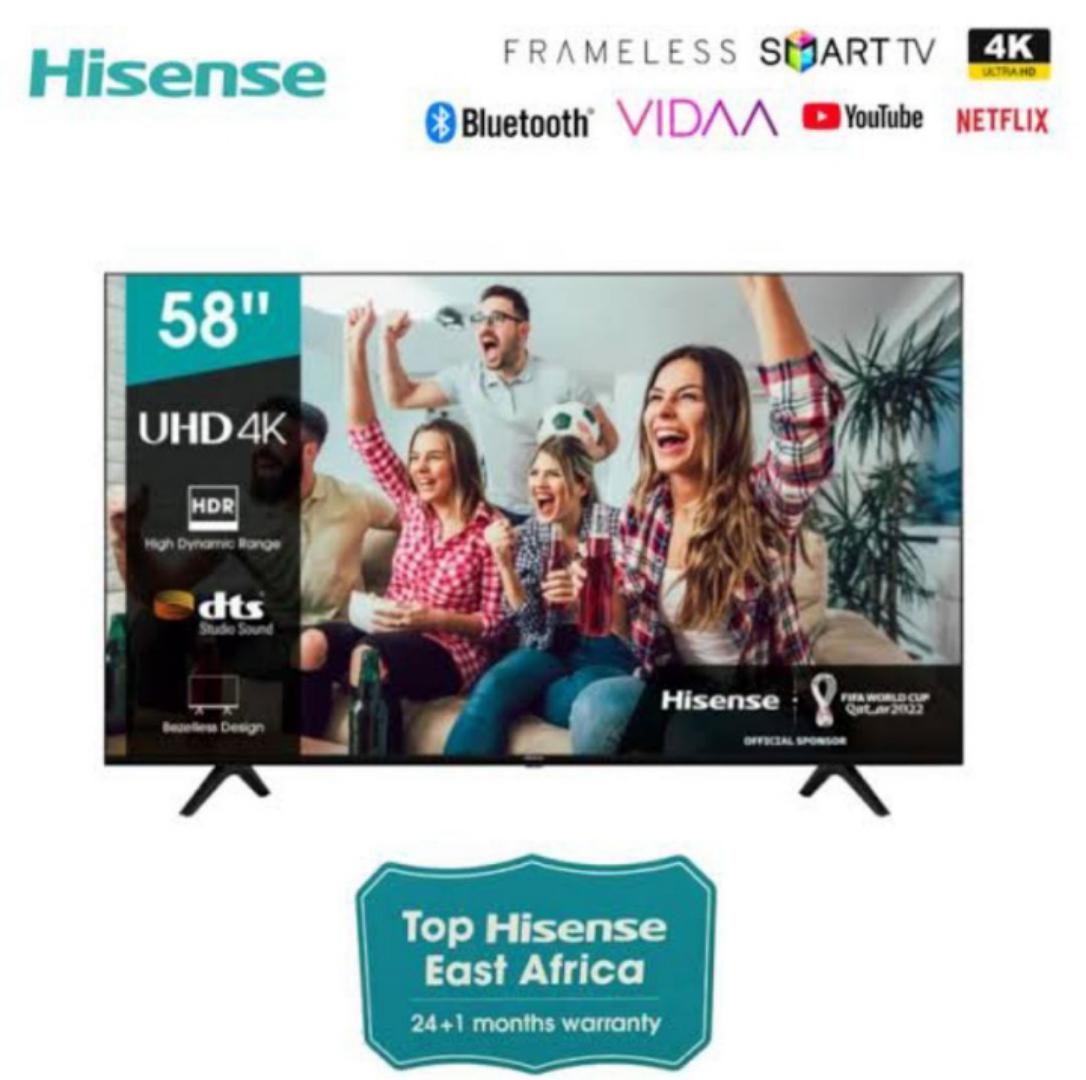 Hisense 58 INCH Smart 4k UHD Frameless TV - Black, YOUTUBE,NETFLIX, BLUETOOTH+Free wall bracket and Tv guard