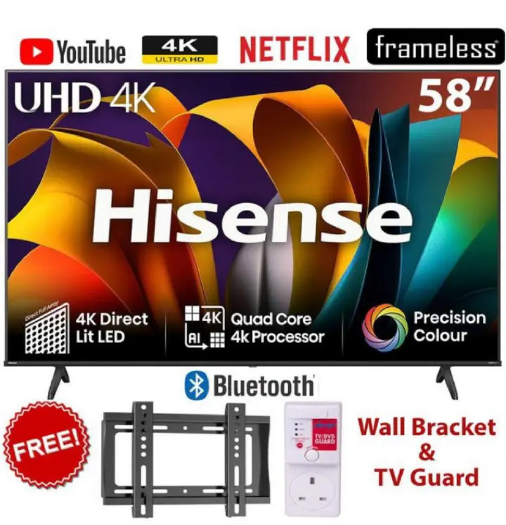 Hisense 58 INCH Smart 4k UHD Frameless TV - Black, YOUTUBE,NETFLIX, BLUETOOTH+Free wall bracket and Tv guard