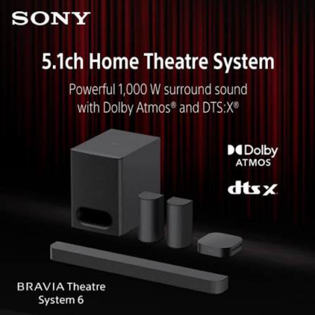 Sony HT-S60 Bravia Theatre System 6 Real 5.1ch 1000W,Dolby Atmos/DTS:X Soundbar Home Theatre with Powerful subwoofer & Wireless Rear Speakers,Voice Zoom3,BCA App, Bluetooth,HDMI eARC