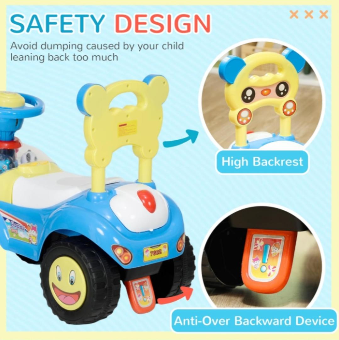 Toddler Push Car, Foot to Floor Ride on Toy with Horn, Light, Music, Steering Wheel, Anti-Over-Backwards Device & Under Seat Storage, Baby Sliding Car for Boys Girls 18-36 Months, Blue