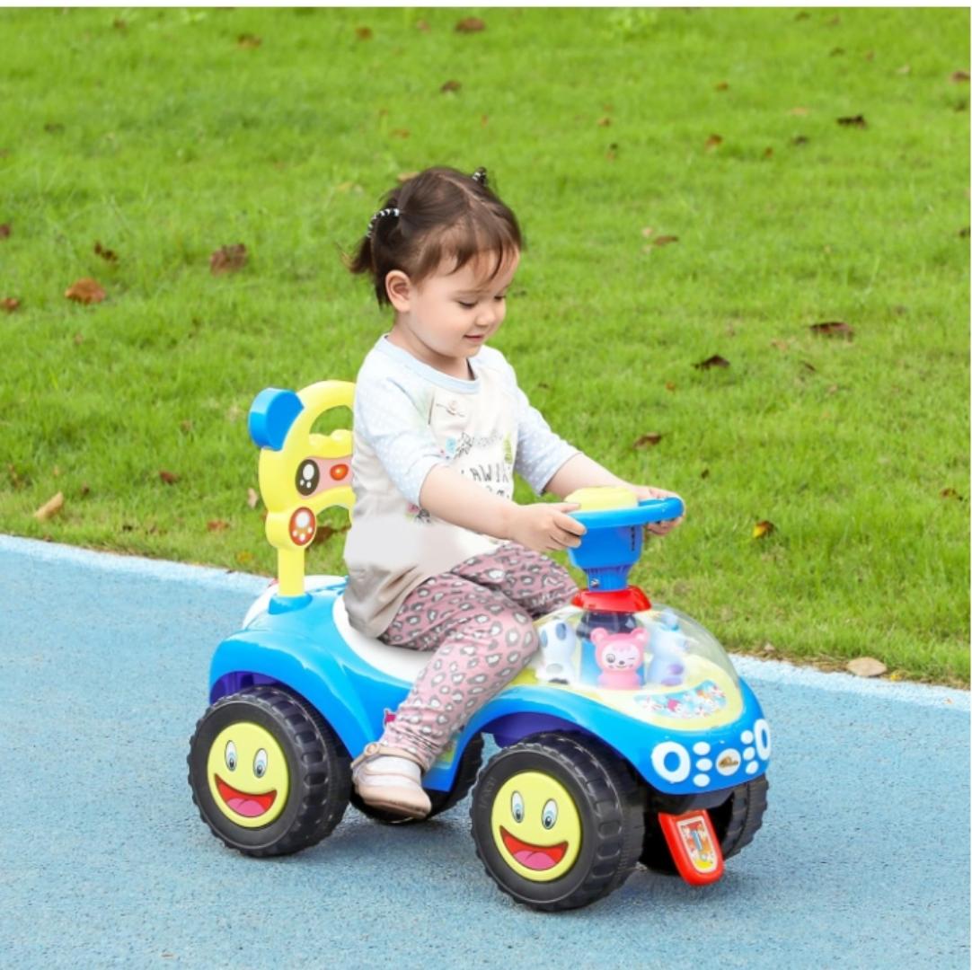 Toddler Push Car, Foot to Floor Ride on Toy with Horn, Light, Music, Steering Wheel, Anti-Over-Backwards Device & Under Seat Storage, Baby Sliding Car for Boys Girls 18-36 Months, Blue