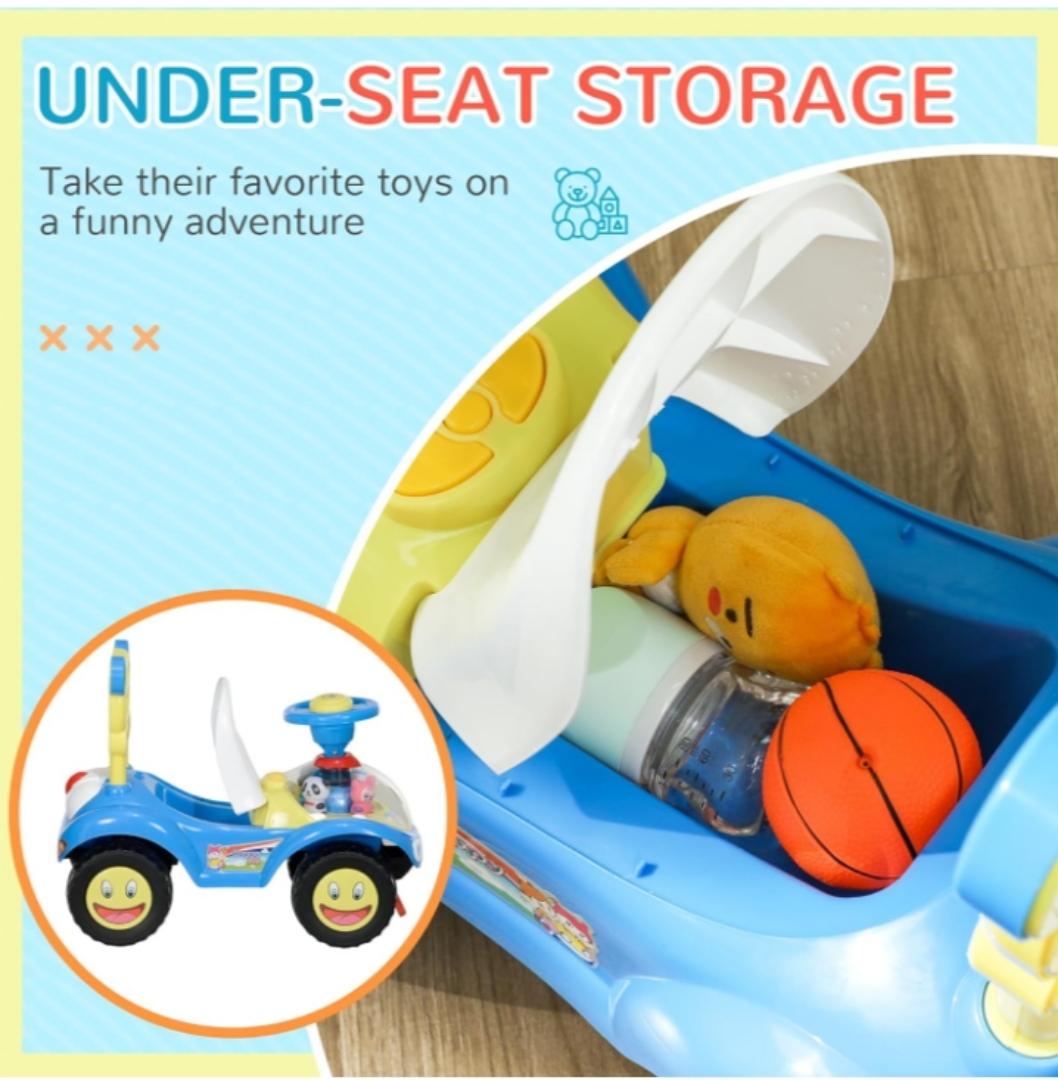 Toddler Push Car, Foot to Floor Ride on Toy with Horn, Light, Music, Steering Wheel, Anti-Over-Backwards Device & Under Seat Storage, Baby Sliding Car for Boys Girls 18-36 Months, Blue