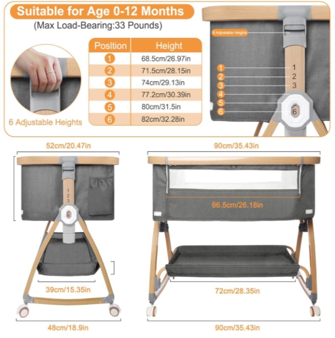 Baby Bassinet, Baby Bedside Sleeper, Baby Basinet Easy to Fold Portable, Baby Cradle with Storage Basket, Girl/Boy Bassinets Baby Bed (Dark Gray)