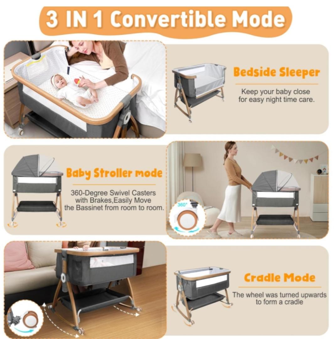 Baby Bassinet, Baby Bedside Sleeper, Baby Basinet Easy to Fold Portable, Baby Cradle with Storage Basket, Girl/Boy Bassinets Baby Bed (Dark Gray)
