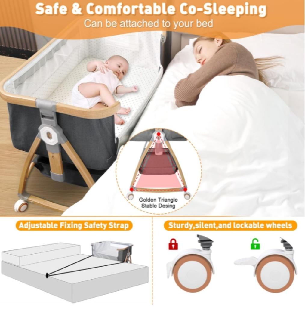 Baby Bassinet, Baby Bedside Sleeper, Baby Basinet Easy to Fold Portable, Baby Cradle with Storage Basket, Girl/Boy Bassinets Baby Bed (Dark Gray)