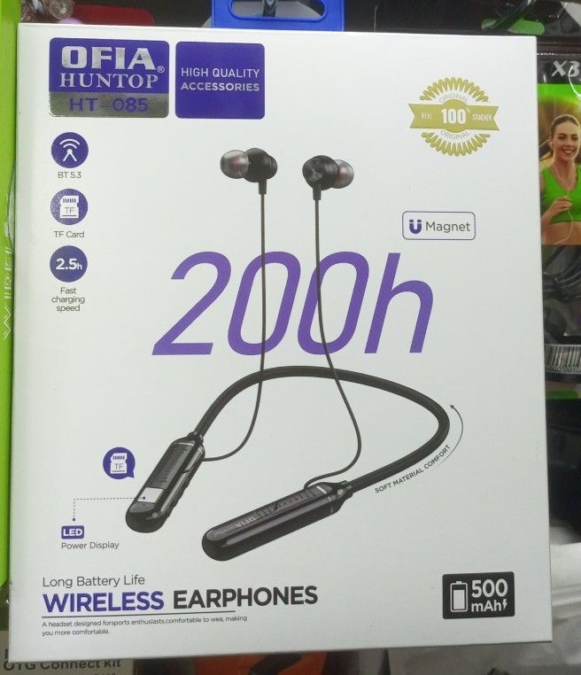 OFIA HUNTOP HT-085 WIRELESS NECKBAND EARPHONES – 200H PLAYTIME, BLUETOOTH 5.3