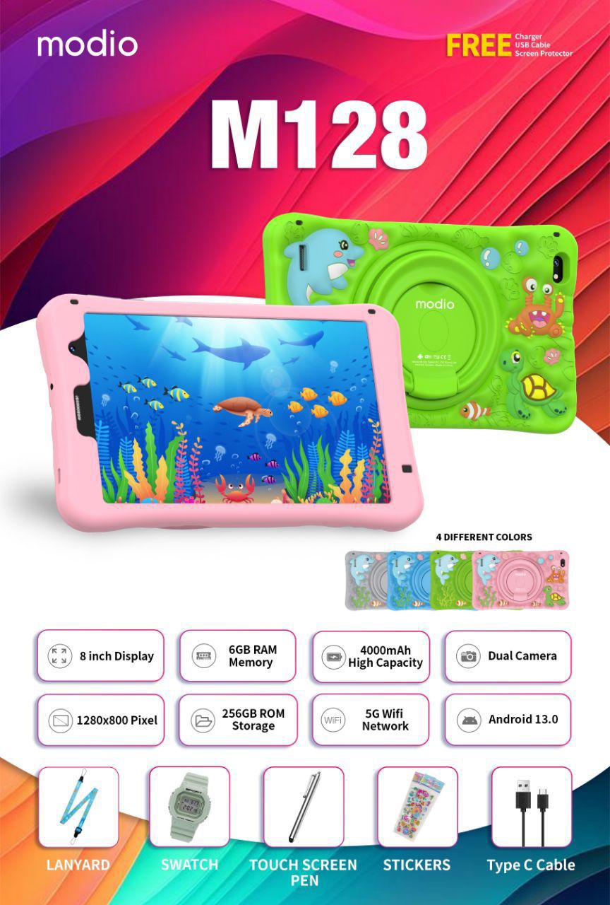 MODIO M128 KIDS TABLET – 8-INCH IPS DISPLAY, 6GB RAM + 256GB STORAGE, ANDROID 13
