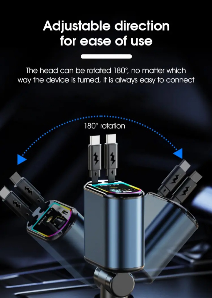 Starry Sky Spotlight 4 in 1 Car Charger with Dual
Retractable Cable 120W Fast Charging USB C Ca