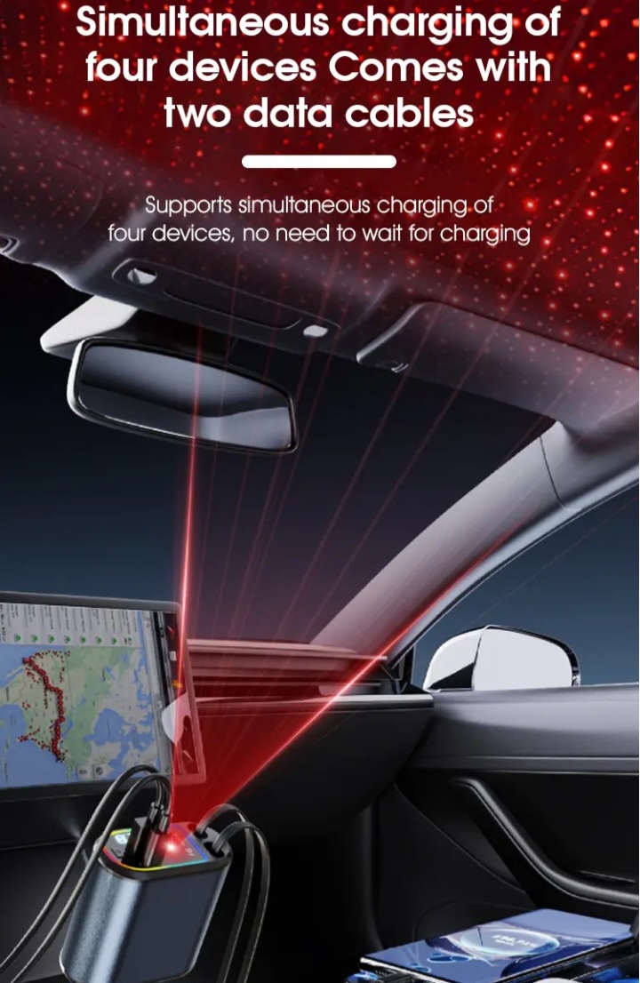 Starry Sky Spotlight 4 in 1 Car Charger with Dual
Retractable Cable 120W Fast Charging USB C Ca