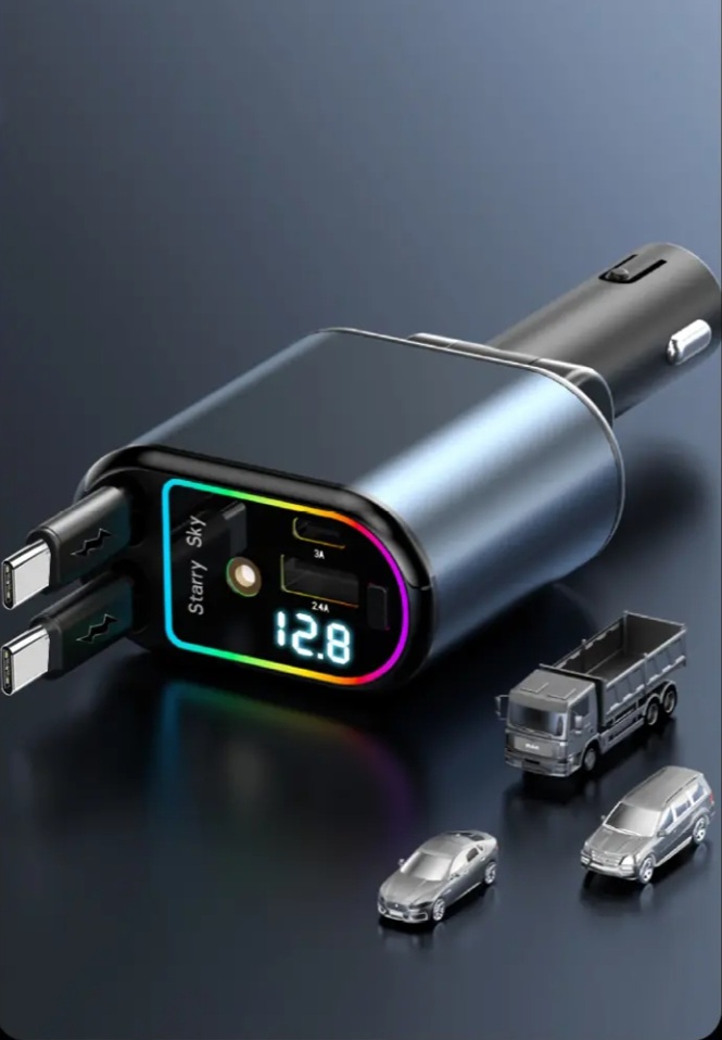 Starry Sky Spotlight 4 in 1 Car Charger with Dual
Retractable Cable 120W Fast Charging USB C Ca