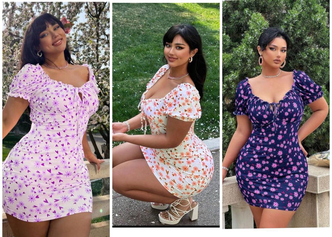Trendy Floral Puff Sleeve Bodycon Mini Dress for Women – Short Sleeve Summer Casual Dress with Sweetheart Neckline – Available in Purple, Orange, and Navy Blue