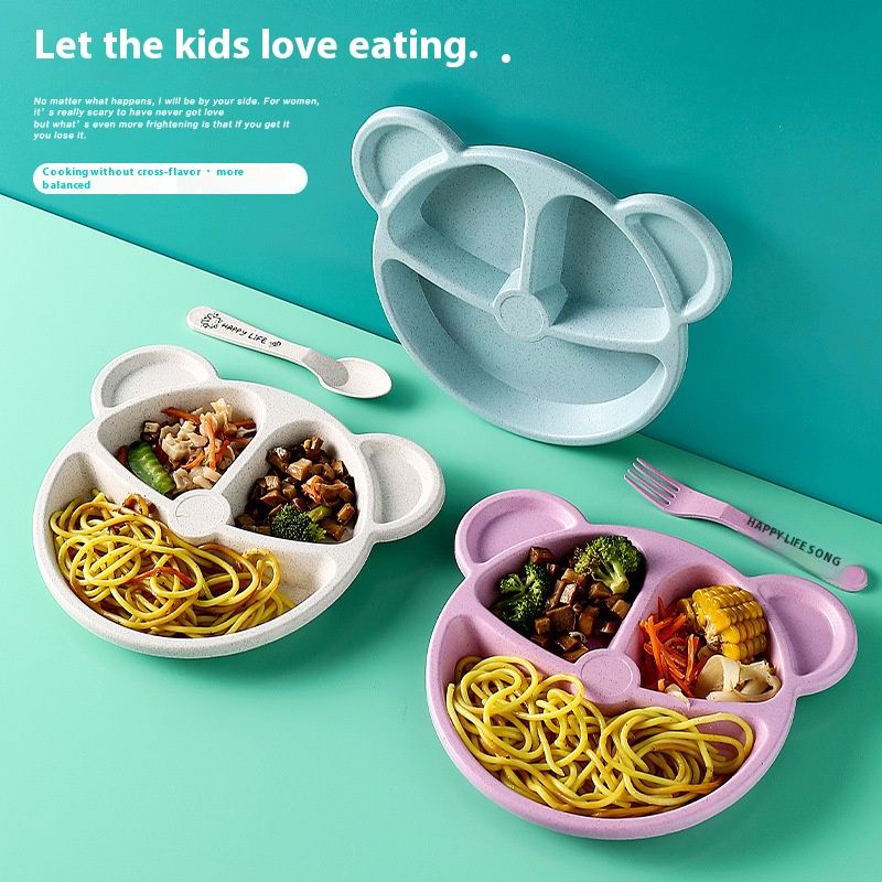 Cute Bear Kids Plate Set: 3-Compartment Divided Plates with Lid, Non-Spill Baby Toddler Dish, BPA-Free Microwave Safe Feeding Bowl