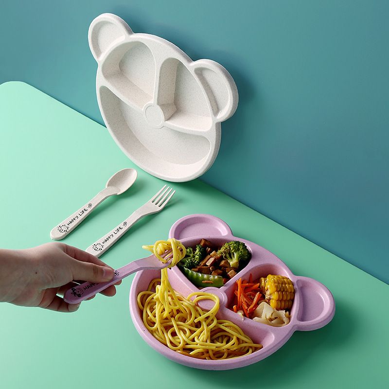 Cute Bear Kids Plate Set: 3-Compartment Divided Plates with Lid, Non-Spill Baby Toddler Dish, BPA-Free Microwave Safe Feeding Bowl