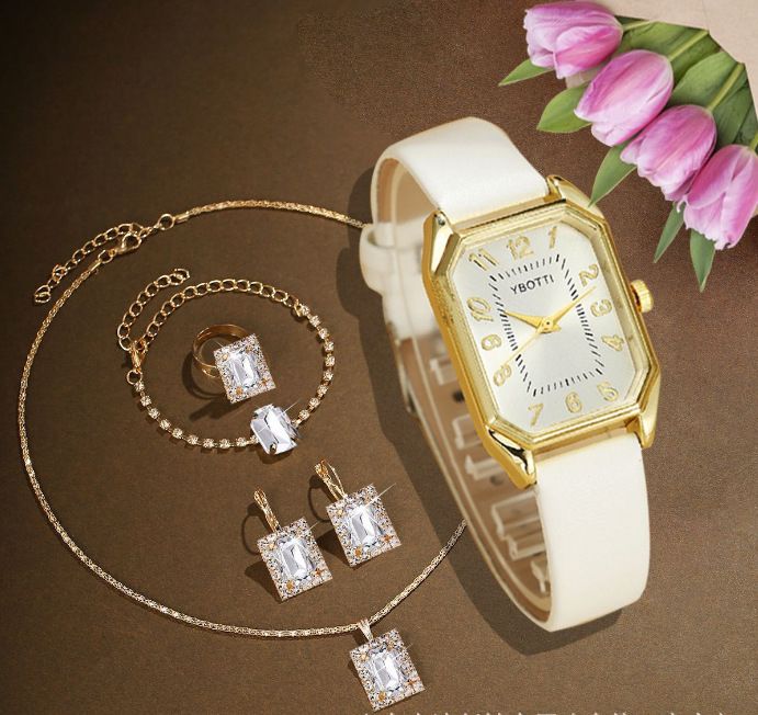 5pcs/set Women's Fashion Square Watch Brand Ladies Quartz Wristwatch Women Watches Blue Classic Simple Femme Jewelry Set blue-5pcs