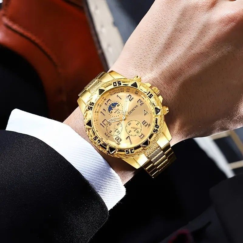 Elegant Men's Gold Quartz Watch with Japanese Movement - Fashion Business Chronograph, Night Light, Waterproof, Large Dial, Free Shipping