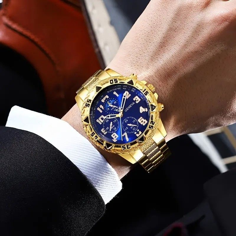 Elegant Men's Gold Quartz Watch with Japanese Movement - Fashion Business Chronograph, Night Light, Waterproof, Large Dial, Free Shipping