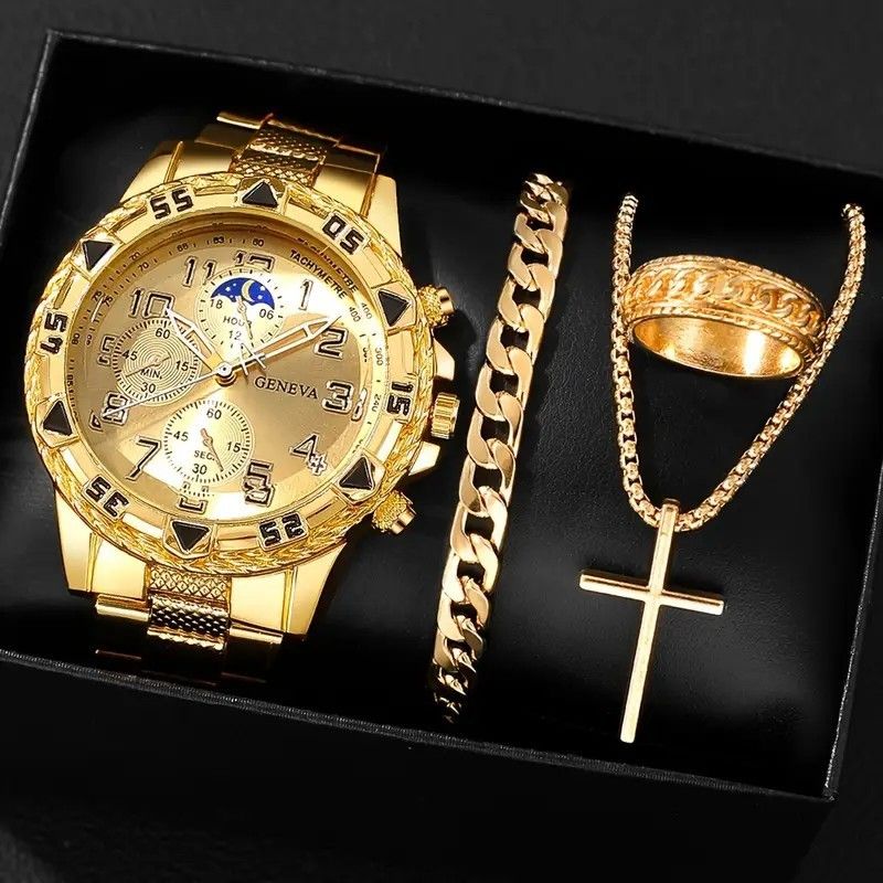Elegant Men's Gold Quartz Watch with Japanese Movement - Fashion Business Chronograph, Night Light, Waterproof, Large Dial, Free Shipping