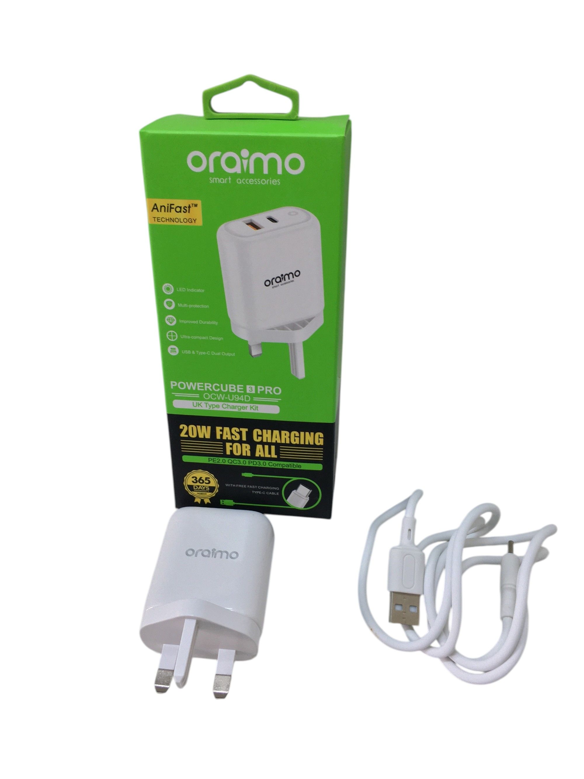ORAIMO OCW-U94D CHARGER – DUAL USB PORT, 18W FAST CHARGE WITH TYPE-C CABLE, SAFE DURABLE WALL ADAPTER FOR SMARTPHONES, TABLETS & GADGETS