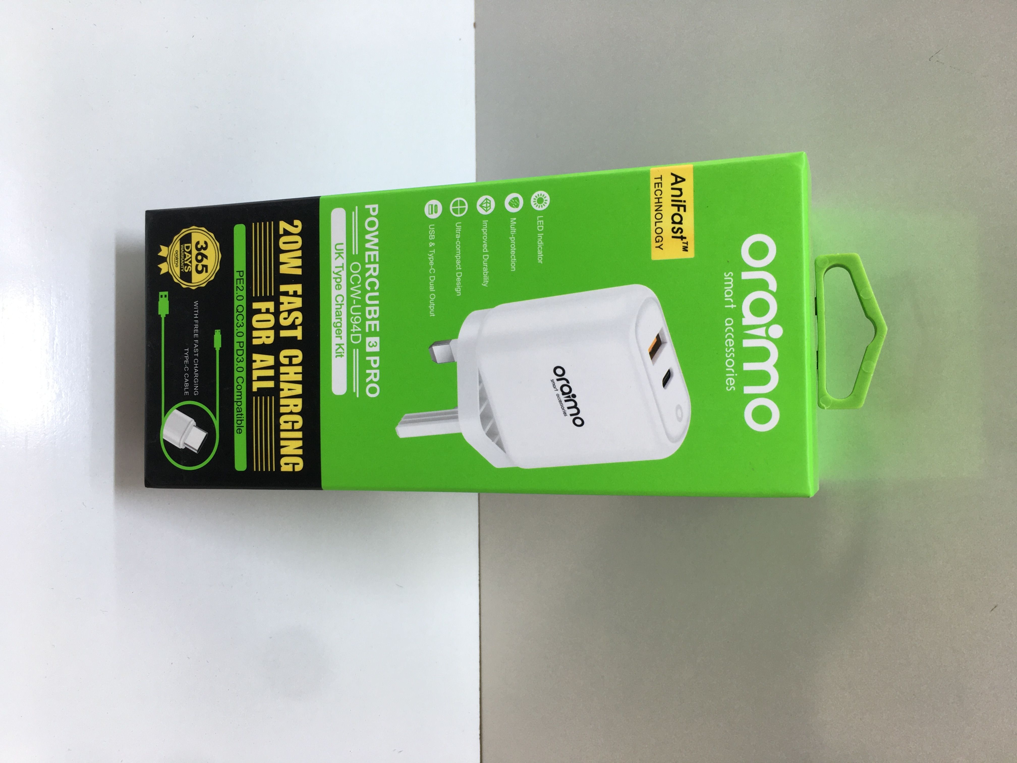 ORAIMO OCW-U94D CHARGER – DUAL USB PORT, 18W FAST CHARGE WITH TYPE-C CABLE, SAFE DURABLE WALL ADAPTER FOR SMARTPHONES, TABLETS & GADGETS