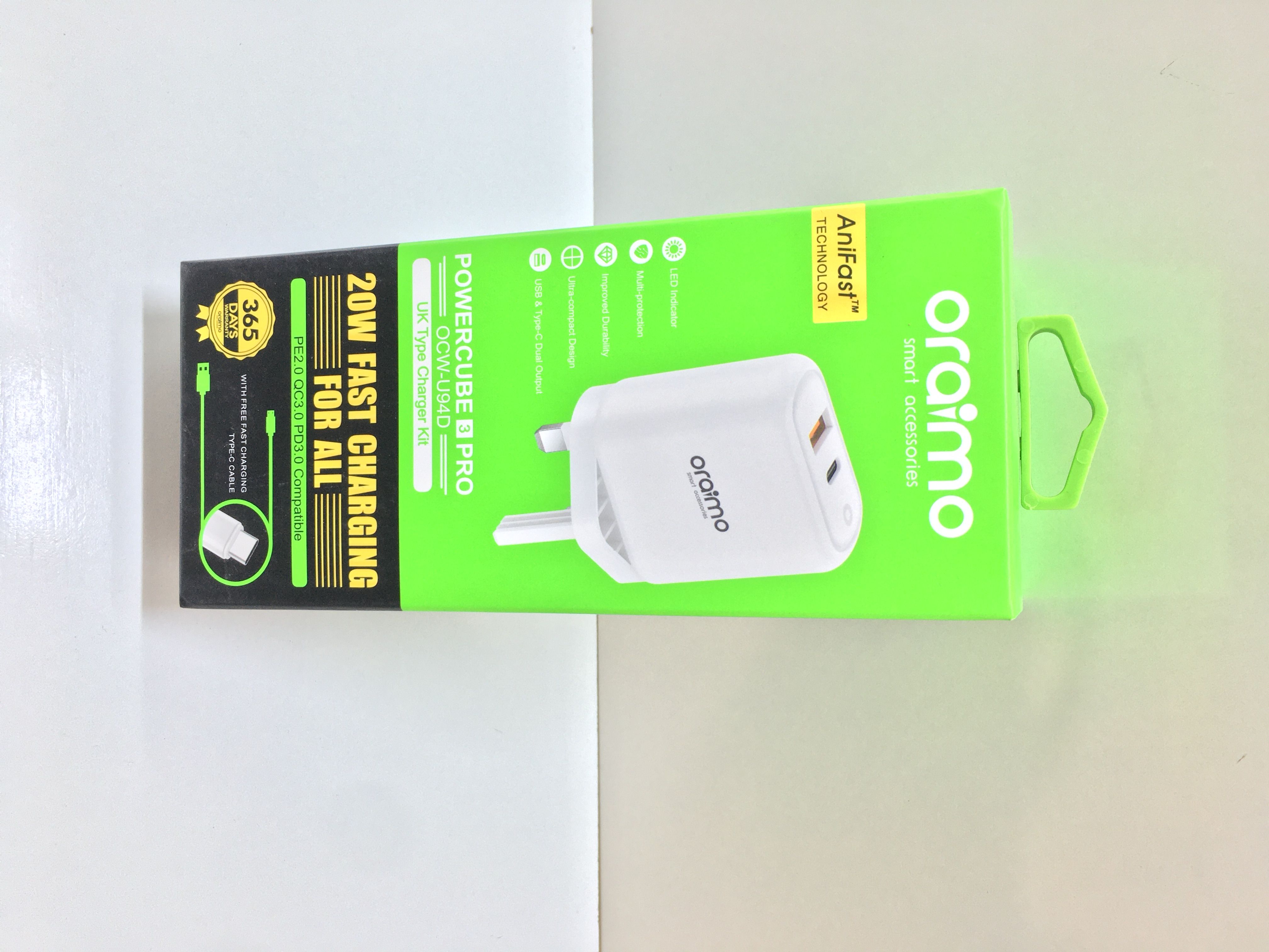 ORAIMO OCW-U94D CHARGER – DUAL USB PORT, 18W FAST CHARGE WITH TYPE-C CABLE, SAFE DURABLE WALL ADAPTER FOR SMARTPHONES, TABLETS & GADGETS