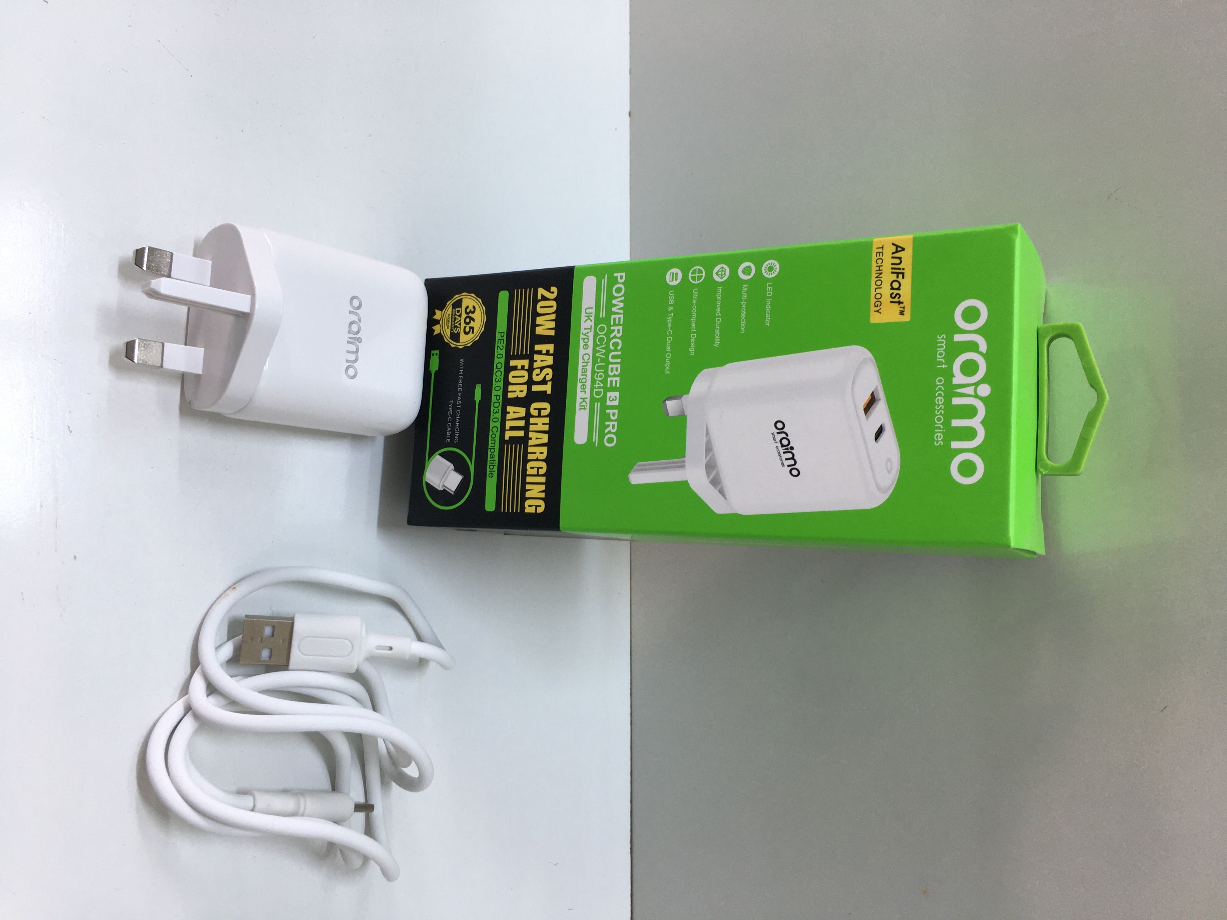 ORAIMO OCW-U94D CHARGER – DUAL USB PORT, 18W FAST CHARGE WITH TYPE-C CABLE, SAFE DURABLE WALL ADAPTER FOR SMARTPHONES, TABLETS & GADGETS
