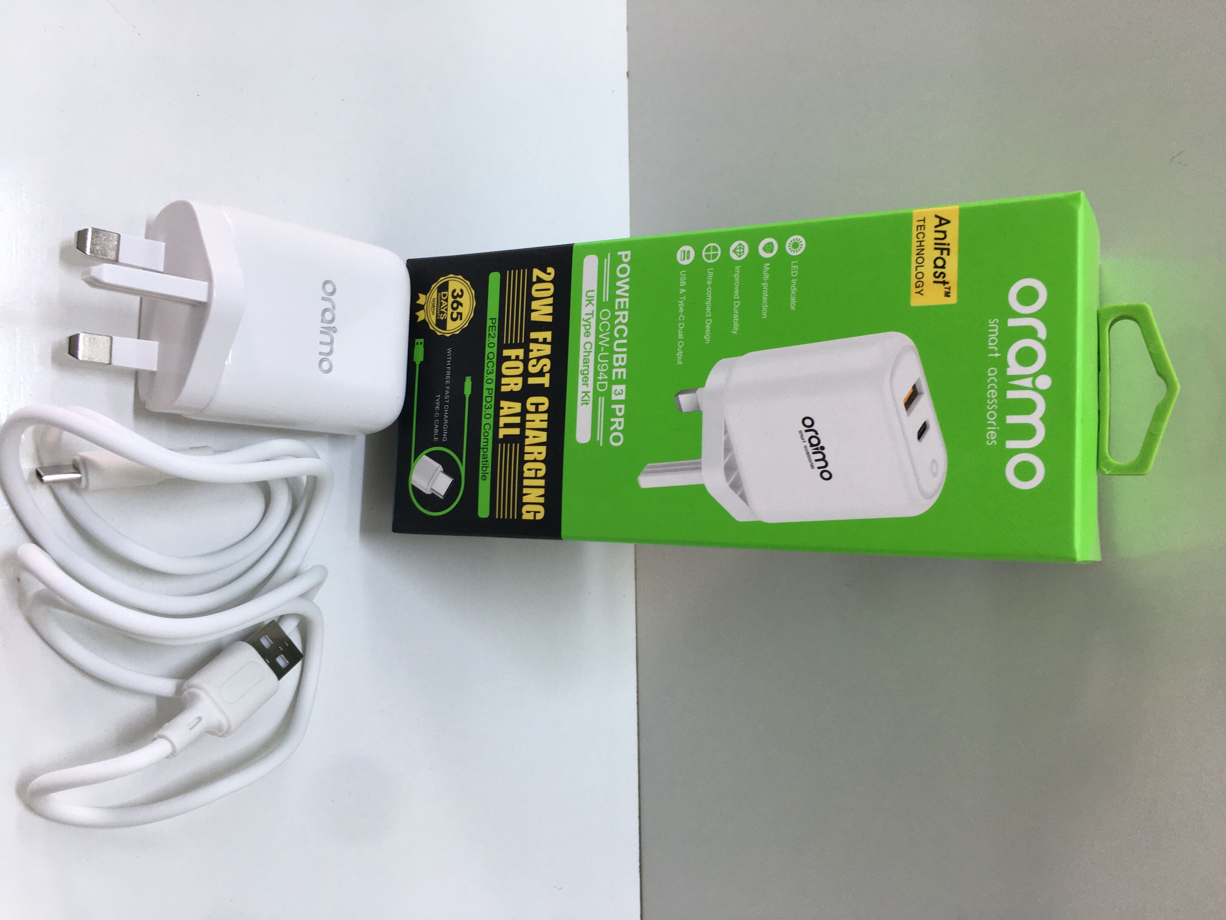 ORAIMO OCW-U94D CHARGER – DUAL USB PORT, 18W FAST CHARGE WITH TYPE-C CABLE, SAFE DURABLE WALL ADAPTER FOR SMARTPHONES, TABLETS & GADGETS