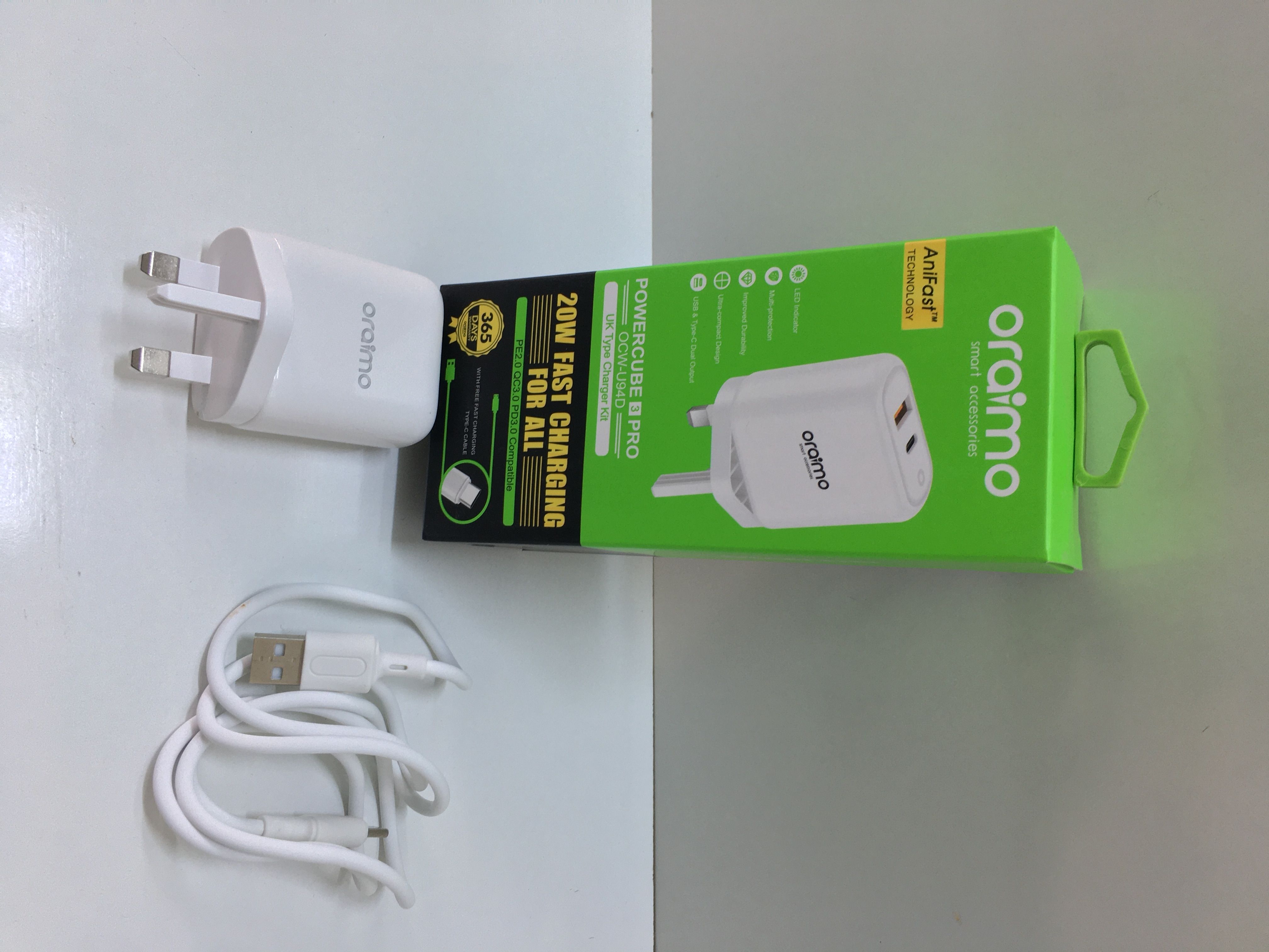 ORAIMO OCW-U94D CHARGER – DUAL USB PORT, 18W FAST CHARGE WITH TYPE-C CABLE, SAFE DURABLE WALL ADAPTER FOR SMARTPHONES, TABLETS & GADGETS