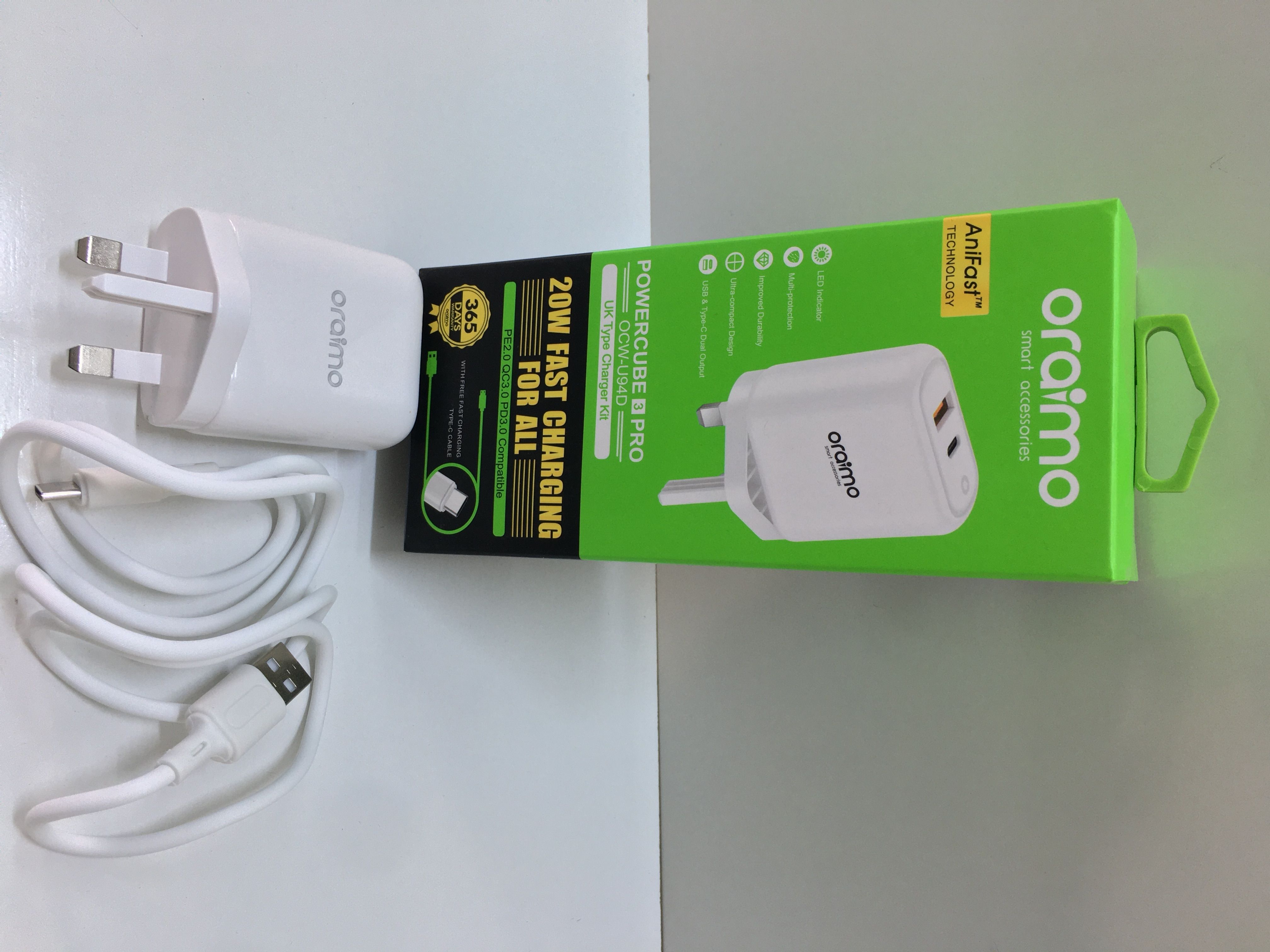ORAIMO OCW-U94D CHARGER – DUAL USB PORT, 18W FAST CHARGE WITH TYPE-C CABLE, SAFE DURABLE WALL ADAPTER FOR SMARTPHONES, TABLETS & GADGETS