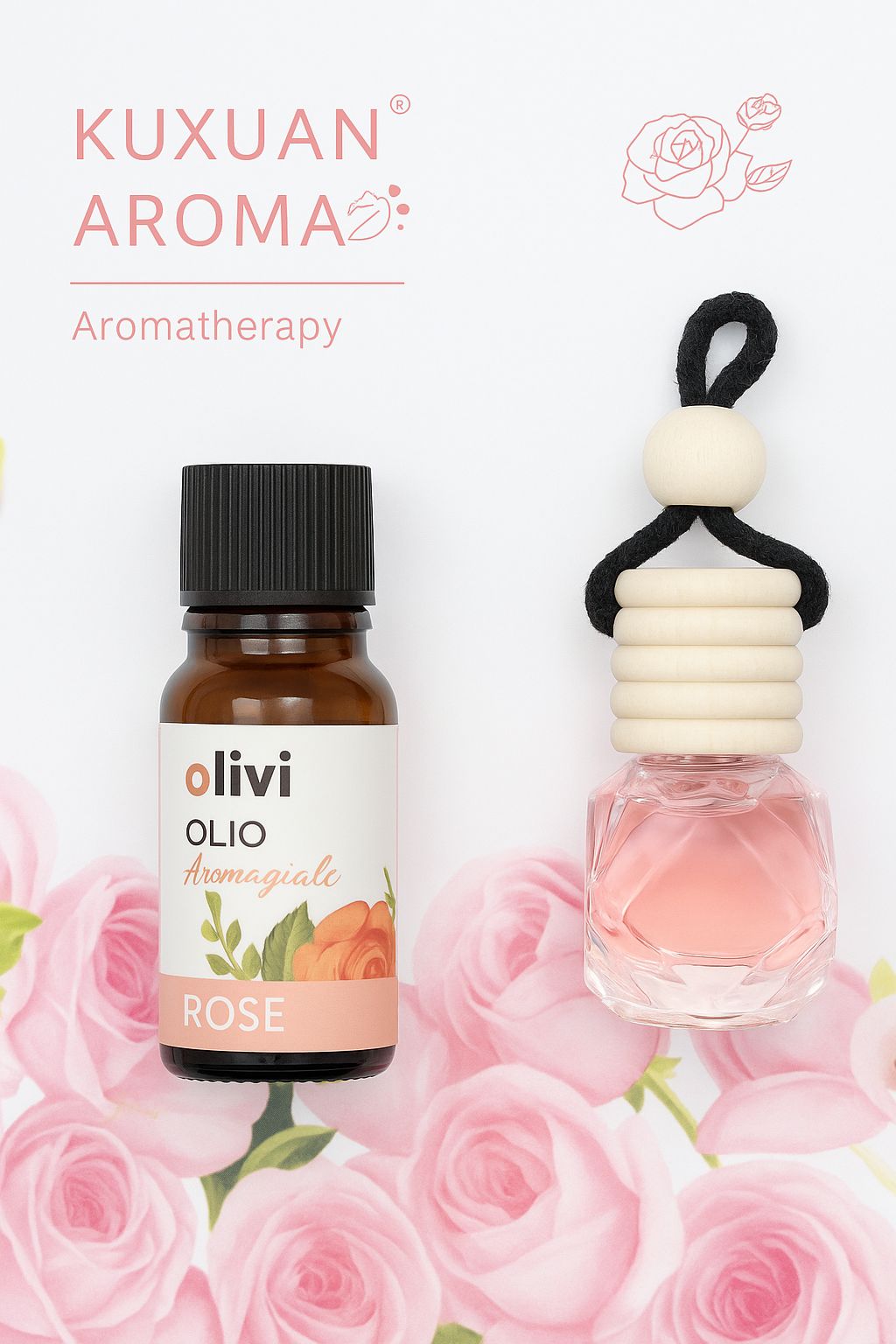 Kuxuan Aroma Hanging Car Air Freshener & Essential Oil Set, Glass bottle + wooden cap + cotton rope, 8ml diffuser bottle + 10ml essential oil refill, Car, home, office, or wardrobe freshener,