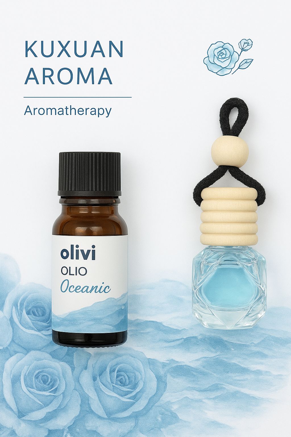 Kuxuan Aroma Hanging Car Air Freshener & Essential Oil Set, Glass bottle + wooden cap + cotton rope, 8ml diffuser bottle + 10ml essential oil refill, Car, home, office, or wardrobe freshener,
