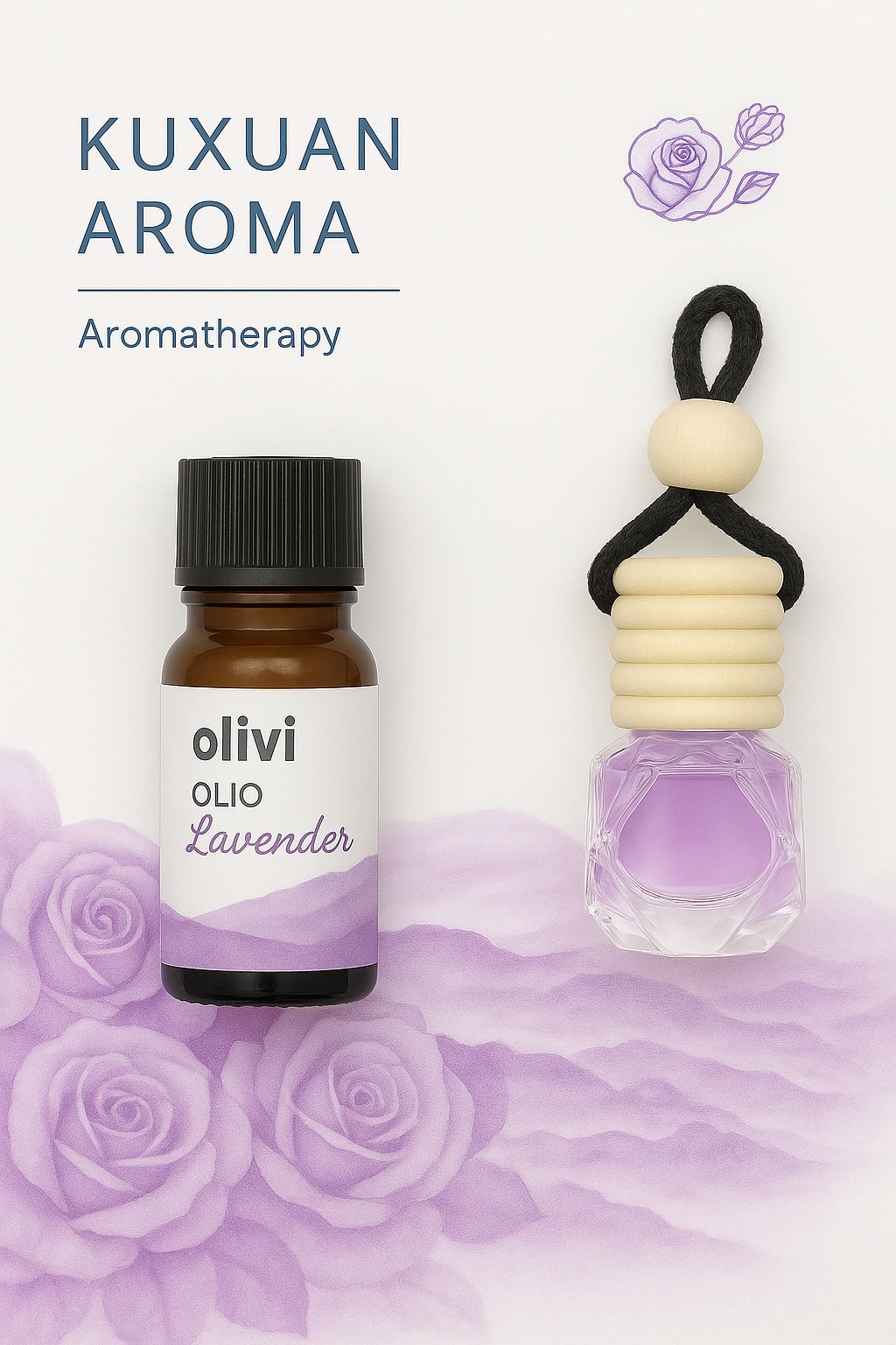 Kuxuan Aroma Hanging Car Air Freshener & Essential Oil Set, Glass bottle + wooden cap + cotton rope, 8ml diffuser bottle + 10ml essential oil refill, Car, home, office, or wardrobe freshener,