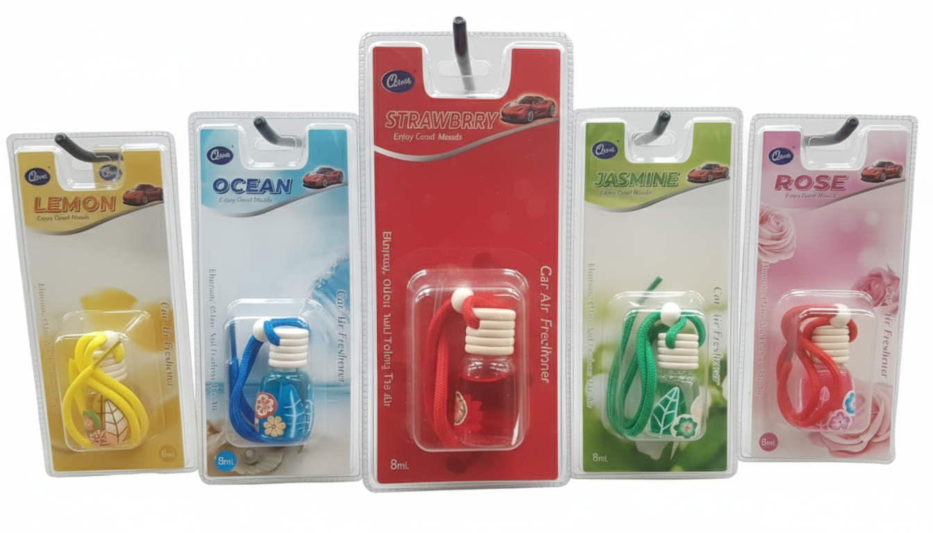 Hanging car Air Freshener 
Luxury 8ml Hanging Air Freshener available in green,  yellow, purple, pink, and red Usage: Car, Home, Office Bring a fresh, soothing atmosphere.