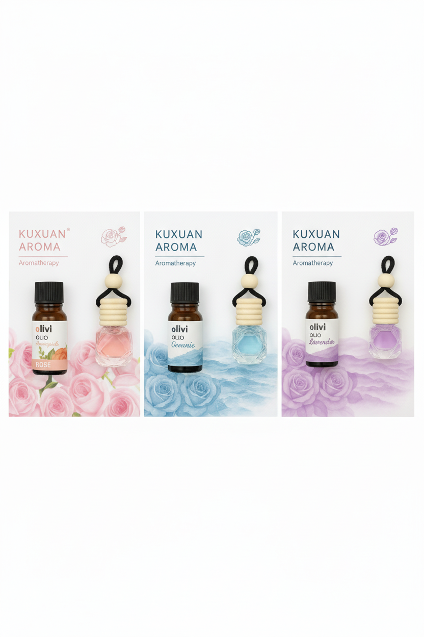 Kuxuan Aroma Hanging Car Air Freshener & Essential Oil Set, Glass bottle + wooden cap + cotton rope, 8ml diffuser bottle + 10ml essential oil refill, Car, home, office, or wardrobe freshener,