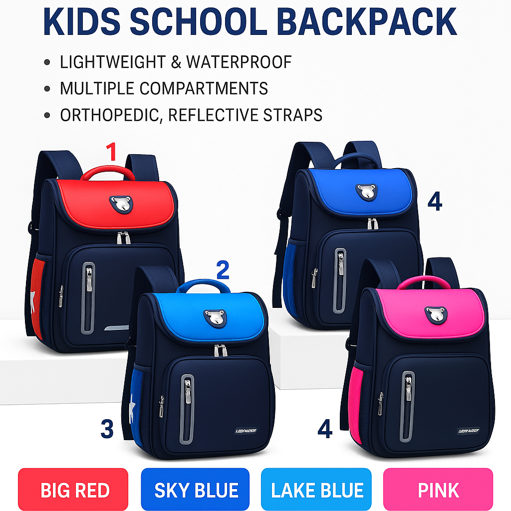 Kids School Backpack – Big Red, Sky Blue, Lake Blue & Pink – Lightweight, Waterproof, Orthopedic Design – Perfect for Primary & Junior Students